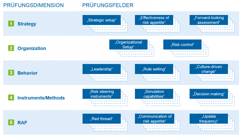 Grafische Übersicht zu Risk Governance: Prüfungsdimensionen und Prüfungsfelder