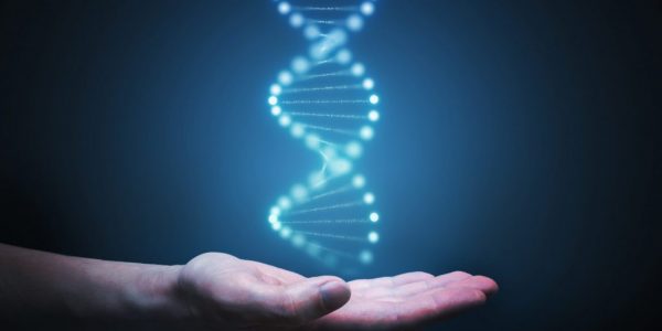 Hand die glühende DNA hält als Metapher für "Wie Banken zu Technologieunternehmen transformieren"