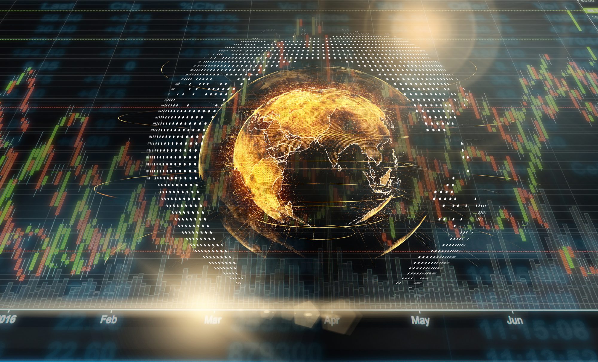 Abstraktes Bild zeigt Aktienkurse hinter Globus als Metapher für "Kreditgeschäft in Zeiten von Corona"