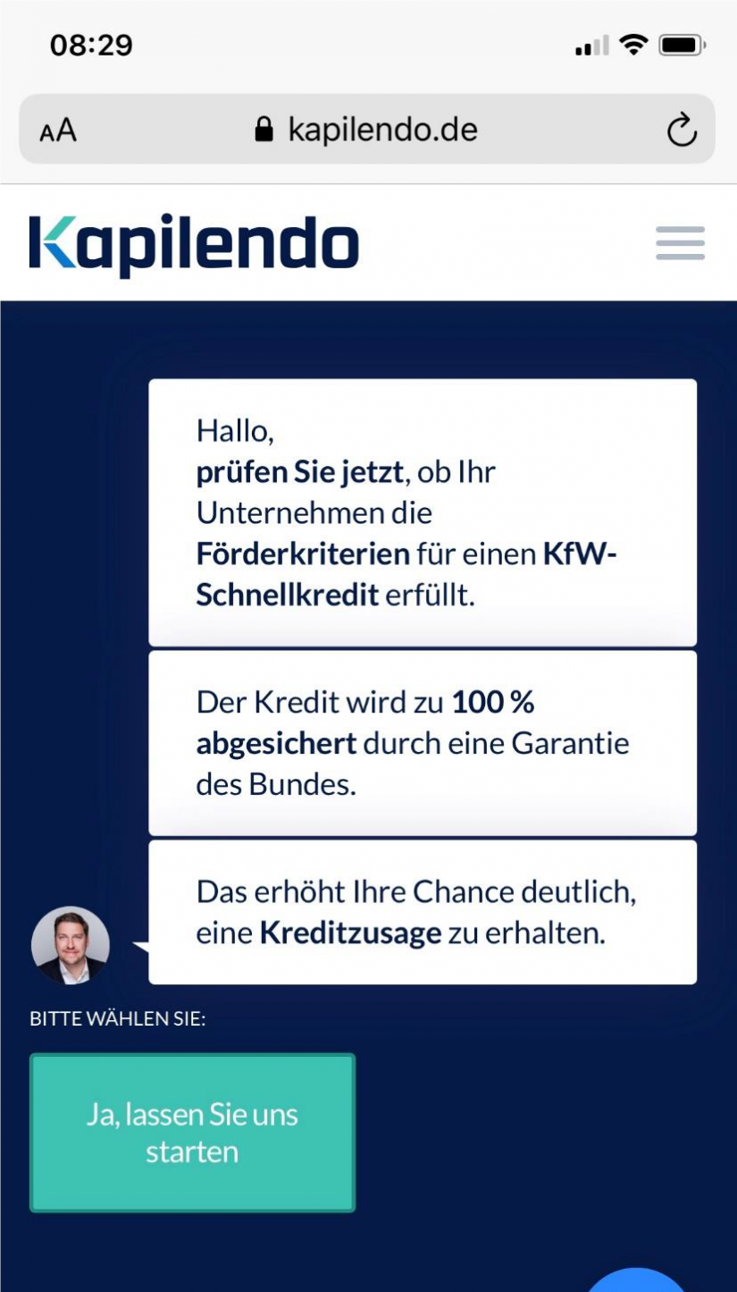 Chatbot Kapilendo – KfW-Schnellkredit im Artikel "Finanzierung in Zeiten von Corona"