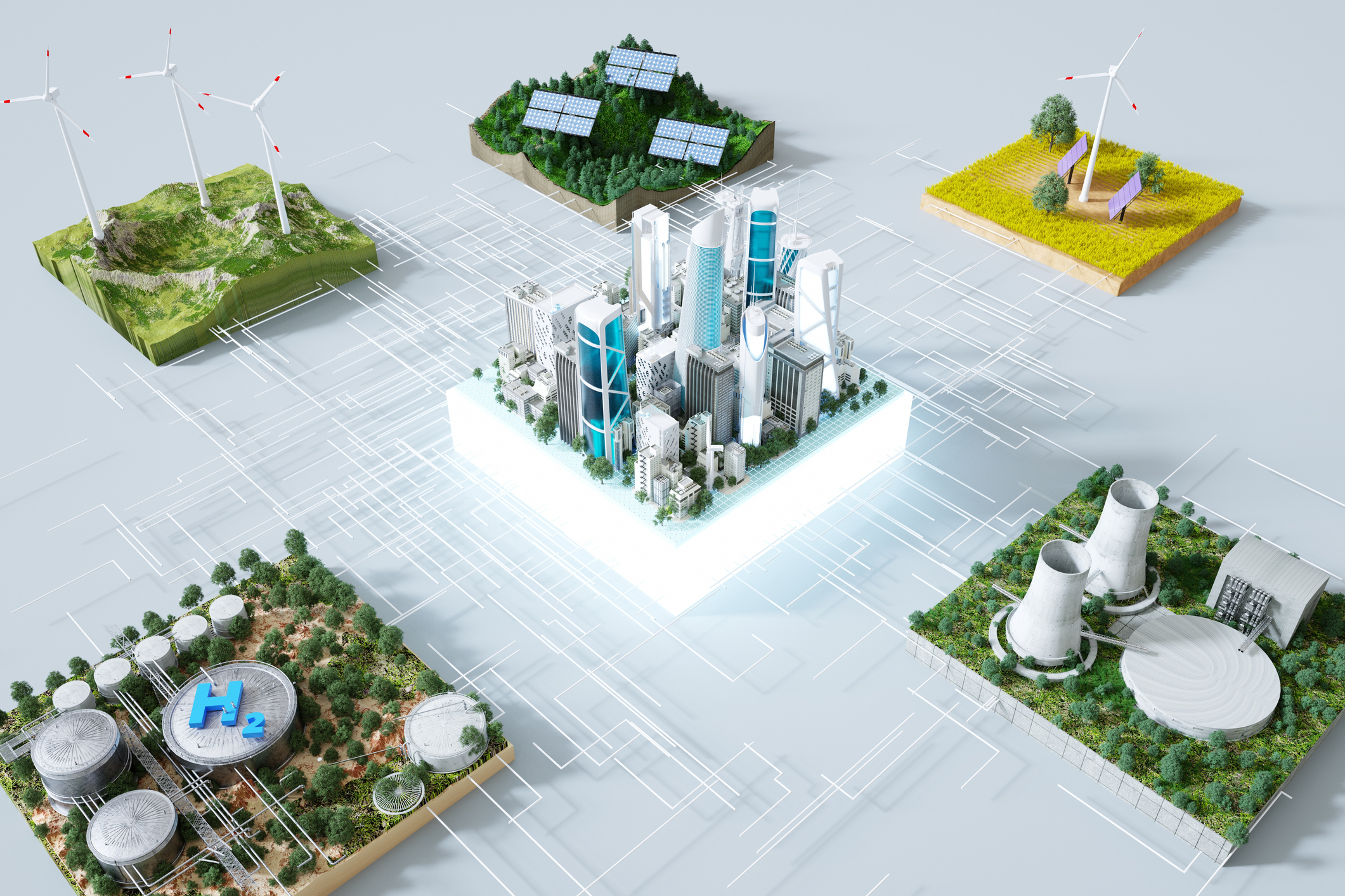 Abstrakte Windräder und Solarzellen neben Wasserstoff und einem Kraftwerk vor digitalem Hintergrund als Metapher für wie Data-Science-Methoden ESG-Ratings verbessern können