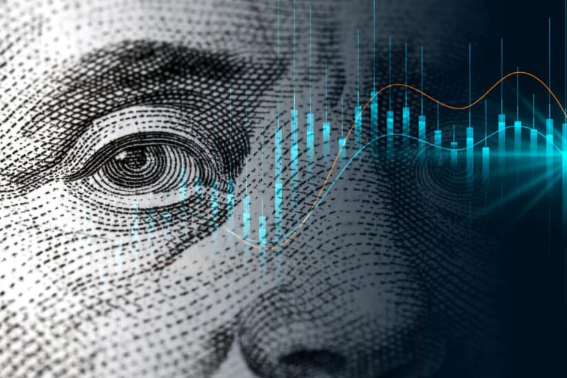 Dollarnote vor Wellen und Diagrammen als Metapher für Kryptofondsanteil