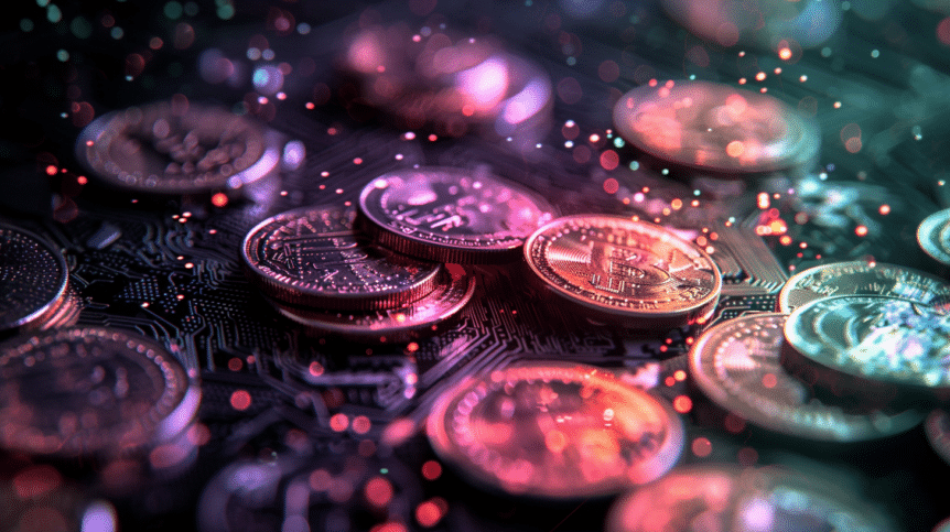 Stablecoins, die auf digitalem Netzwerk liegen, als Metapher für CBDCs in der Finanzwelt von morgen